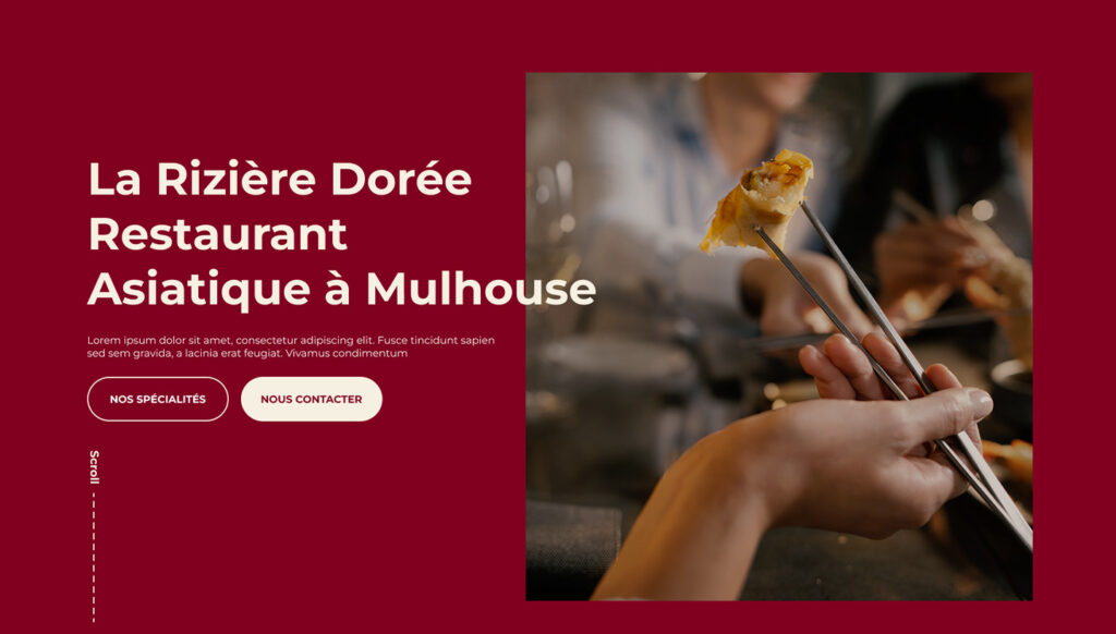 Maquette de site web pour restaurant asiatique montrant un client tenant un rouleau avec des baguettes dans une ambiance conviviale