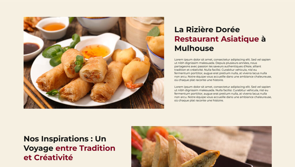 Maquette de site web présentant une assiette d’entrées asiatiques avec nems, beignets de crevettes et samoussas, accompagnés de sauces