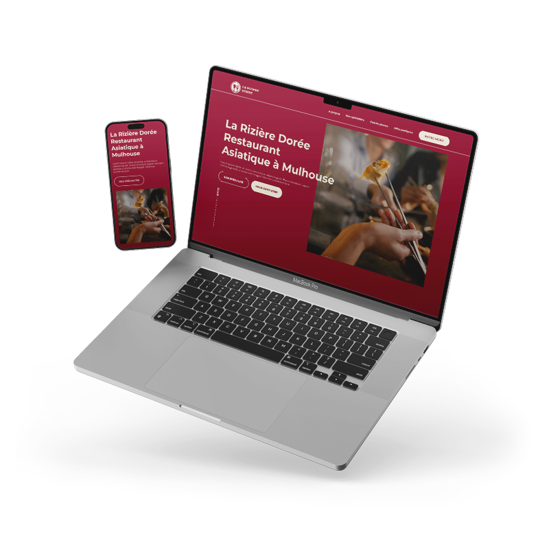 Mockup de la maquette web du restaurant asiatique La Rizière Dorée affichée sur un ordinateur portable et un smartphone