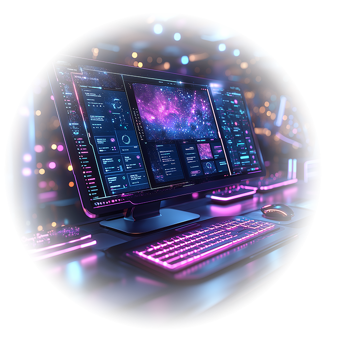 Poste de travail numérique futuriste affichant une interface galactique, symbolisant le développement web, la refonte de site web et le design d’expérience utilisateur