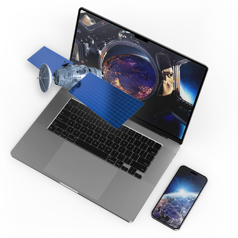 Illustration d’un satellite sortant d’un écran d’ordinateur portable affichant la Terre vue de l’espace, accompagné d’un smartphone connecté, représentant la technologie et la connectivité mondiale