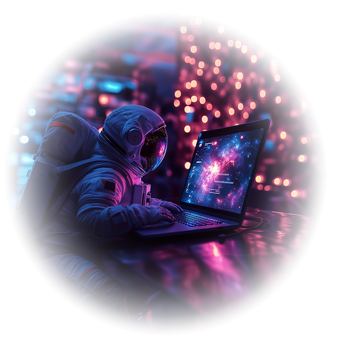 Illustration d’un astronaute travaillant sur un ordinateur dans un décor futuriste, représentant la création de sites vitrines dans l’univers Multiverse Web