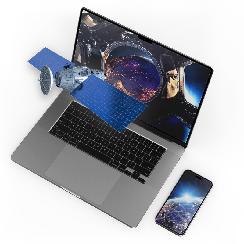 Illustration d’un satellite sortant d’un écran d’ordinateur portable affichant la Terre vue de l’espace, accompagné d’un smartphone connecté, représentant la technologie et la connectivité mondiale