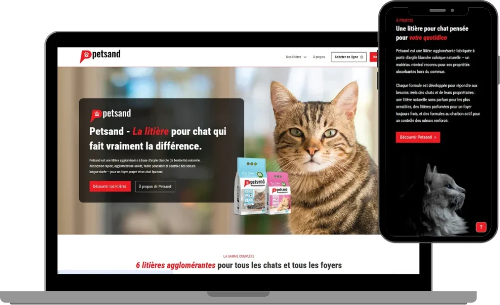 Maquette responsive du site vitrine Petsand, marque de litière agglomérante pour chat, affiché sur ordinateur et mobile — création Multiverse Web