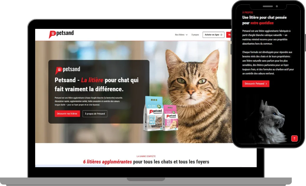 Maquette responsive du site vitrine Petsand, marque de litière agglomérante pour chat, affiché sur ordinateur et mobile — création Multiverse Web